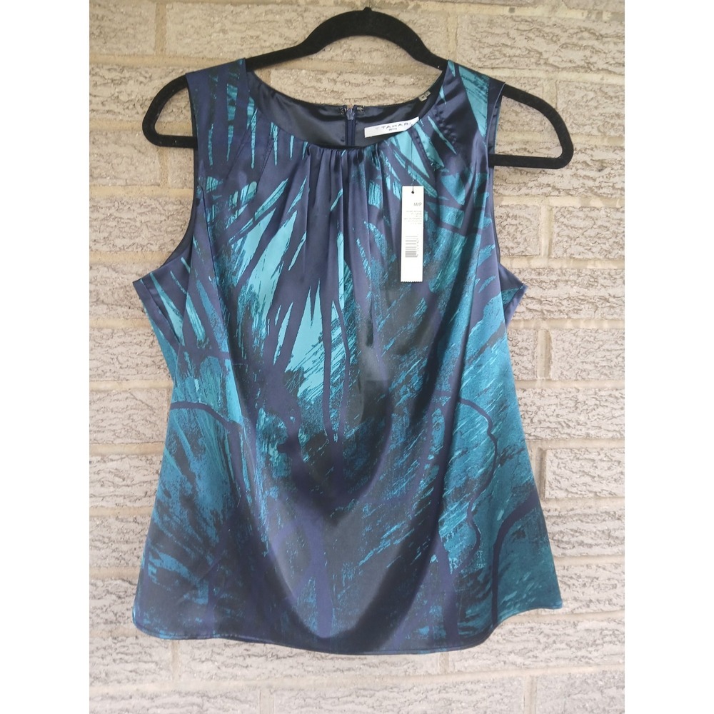 NWT Tahari Women's Sleeveless Ingrid Silky Blouse Outerspace Blue Sz MP